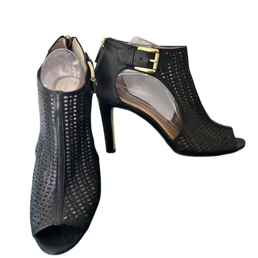 Louise et Cie Olivia Black Leather Perforated Peep Toe Buckle Heels Sandals